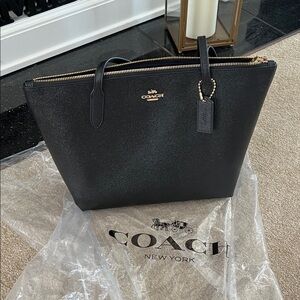 Coach Black Leather Tote with Gold Accents NEW